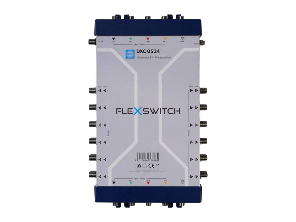 Foto eines FLEXSWITCH DXC 0524 Signalschaltergeräts mit mehreren Koaxialsteckern auf beiden Seiten.