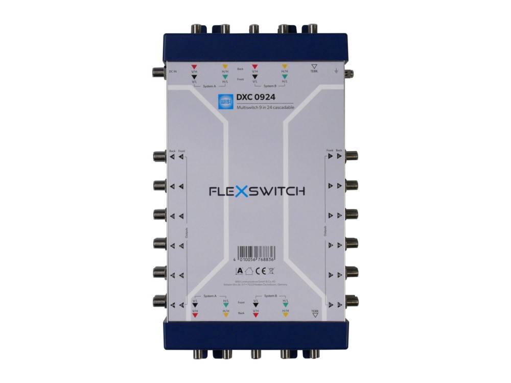 Vorderansicht eines FLEXSWITCH DXC 0924 Koaxialschalter-Moduls mit mehreren Seiten- und Ober-/Unterseitenanschlüssen auf weißem Hintergrund.