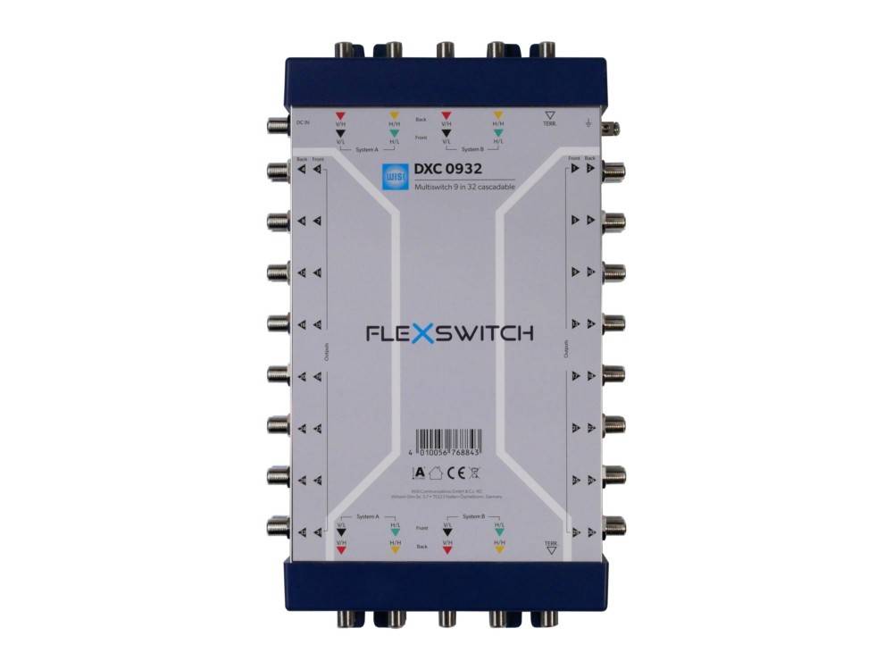 Vorderansicht eines elektronischen FLEXSWITCH DXC 0932-Signalschaltergehäuses mit mehreren Koaxialsteckern auf beiden Seiten sowie an den oberen und unteren Anschlussplätzen.
