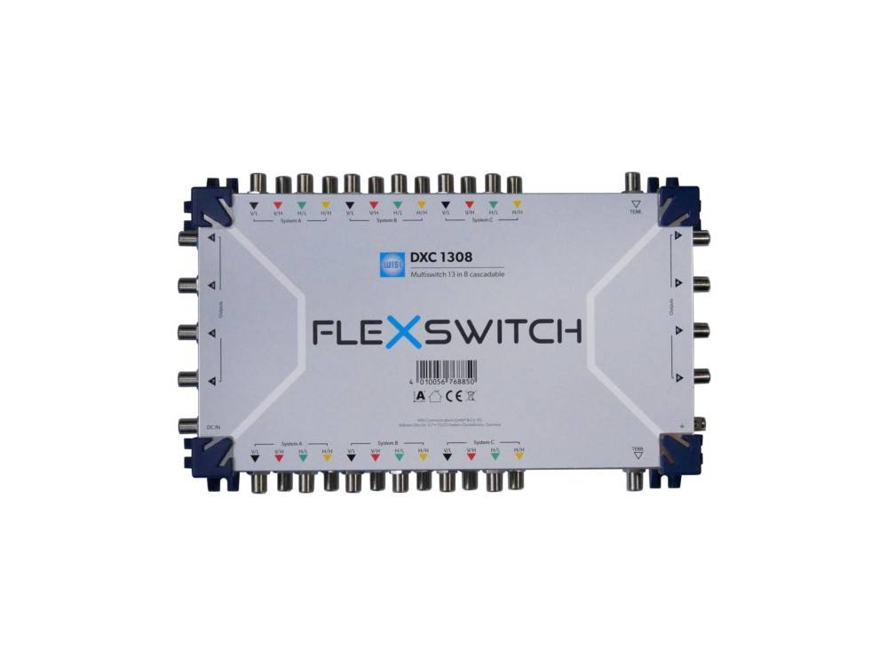 FlexSwitch DXC 1308 elektronische Signalrouting-Box mit mehreren Koaxialsteckern auf beiden Seiten, dargestellt vor weißem Hintergrund.