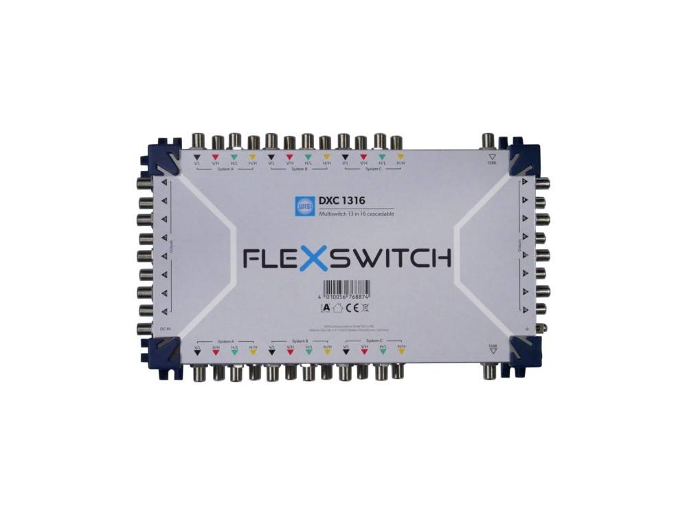 Foto eines FLEXSWITCH DXC1316 Signalschalter-Moduls mit mehreren Koaxialsteckverbindern auf beiden Seiten.