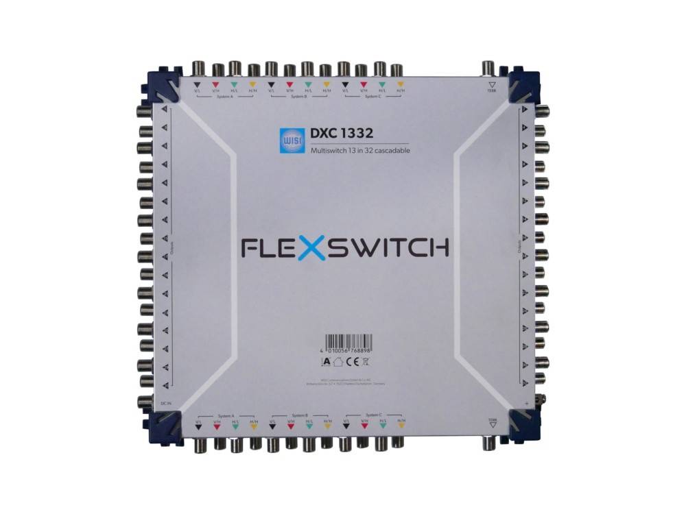 FLEXSWITCH DXC 1332 Multischalter-Einheit mit mehreren Koaxialkabelanschlüssen an den Kanten.
