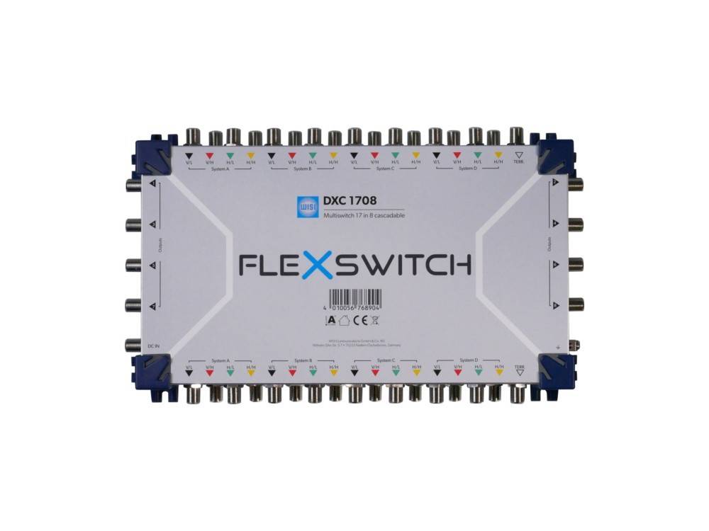 Bild eines FlexSwitch DXC 1708 Multischalter-Geräts mit mehreren Koaxialanschlüssen auf beiden Seiten und beschrifteter Frontplatte auf weißem Hintergrund