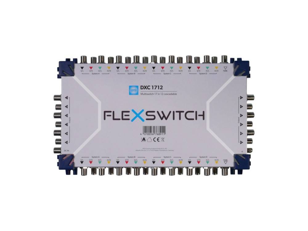 Ein FLEXSWITCH DXC 1712 Multimedia-Umschalter mit mehreren Koaxialanschlüssen an den Kanten auf weißem Hintergrund.