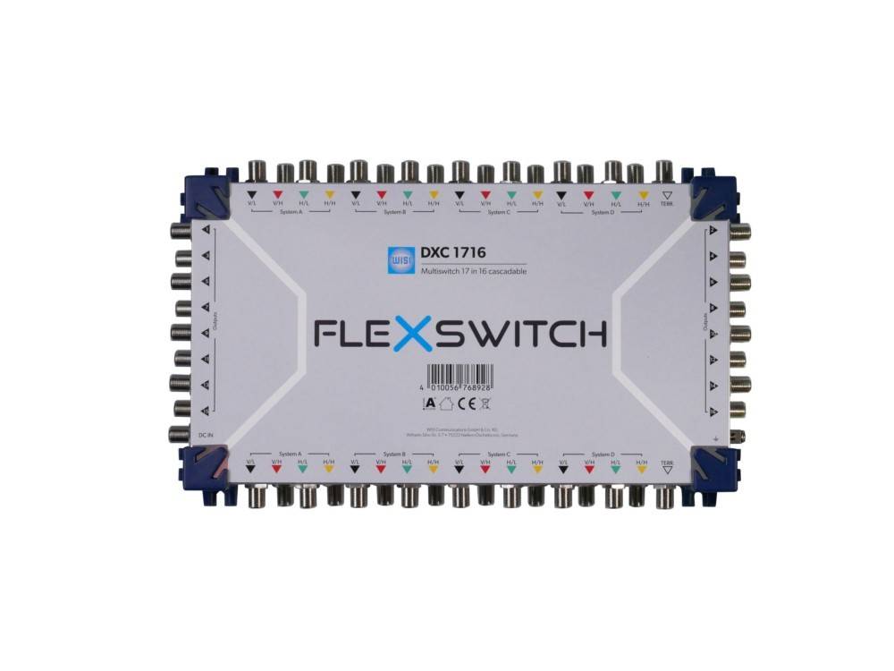 Frontansicht eines modularen FLEXSWITCH DXC 1716 Schaltgeräts mit mehreren Kabelanschlüssen auf beiden Seiten, dargestellt auf weißem Hintergrund.