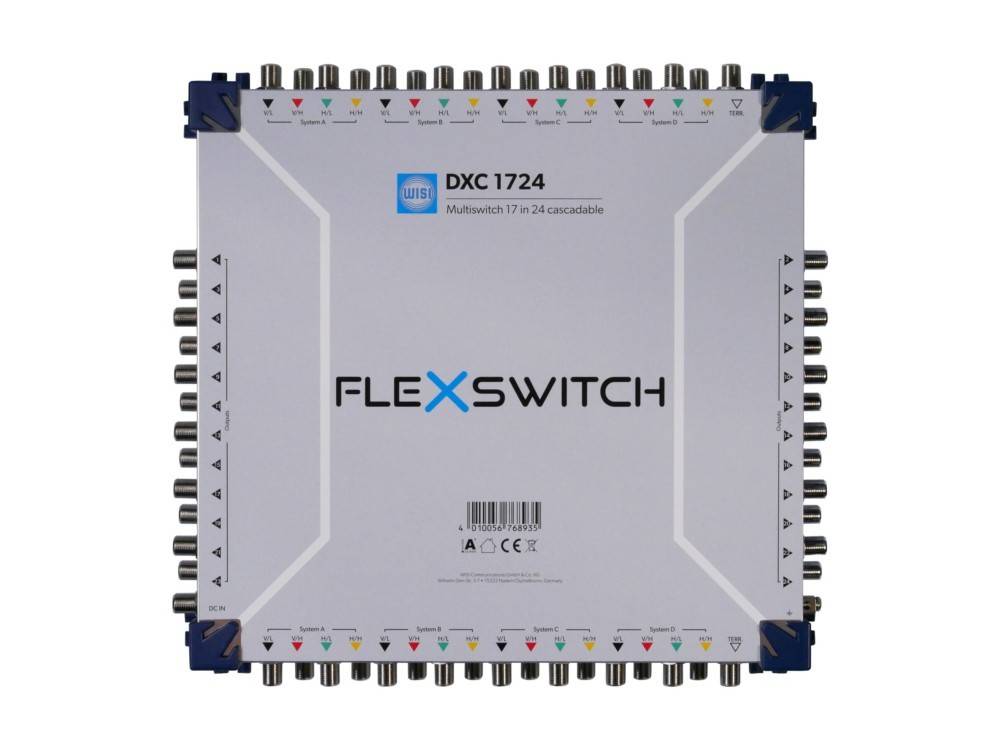 Draufsicht eines FLEXSWITCH DXC 1724 Multischalter-Geräts mit mehreren Koaxialanschlüssen an allen vier Seiten.