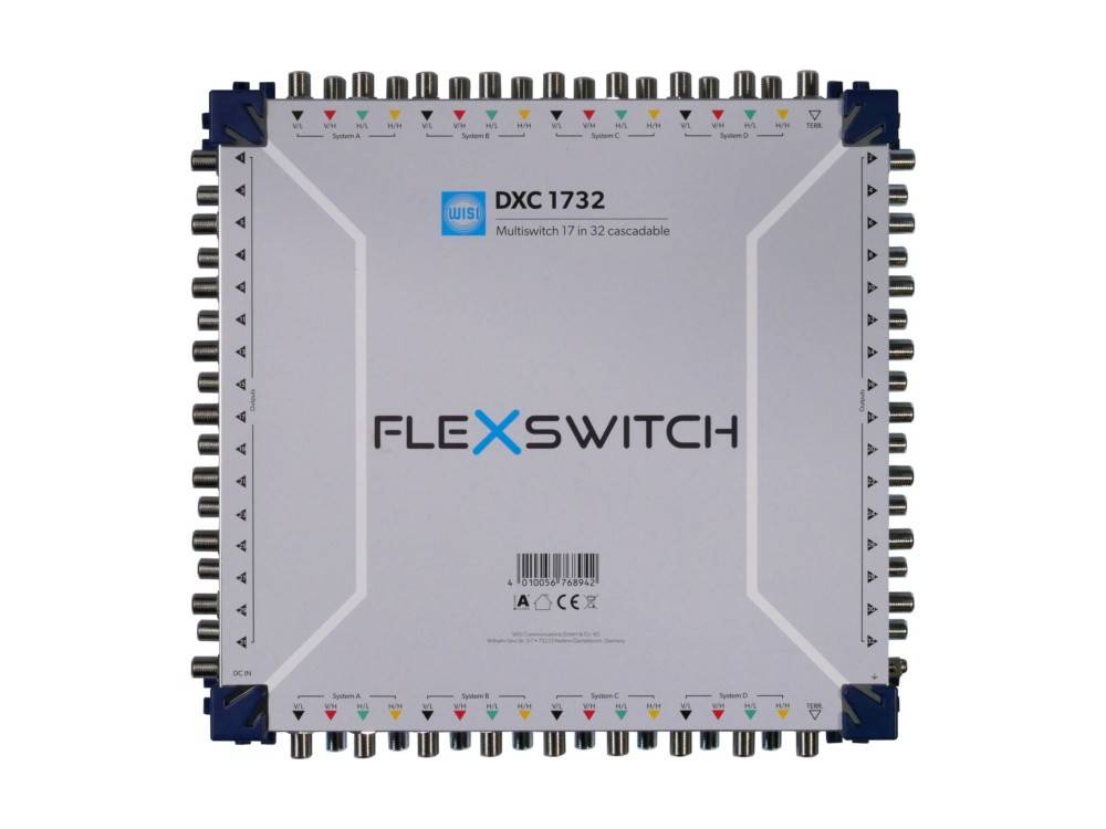 Quadratisches graues HF-Schaltermodul mit der Bezeichnung 'DXC 1732' und 'FLEXSWITCH', mit vielen Koaxialsteckern an den Kanten.