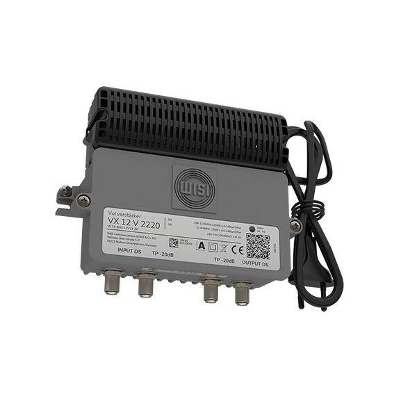 Grauer WISI VX 12 V 2220 Signalverstärker mit angeschlossenem Stromkabel und vier Koaxialanschlüssen.