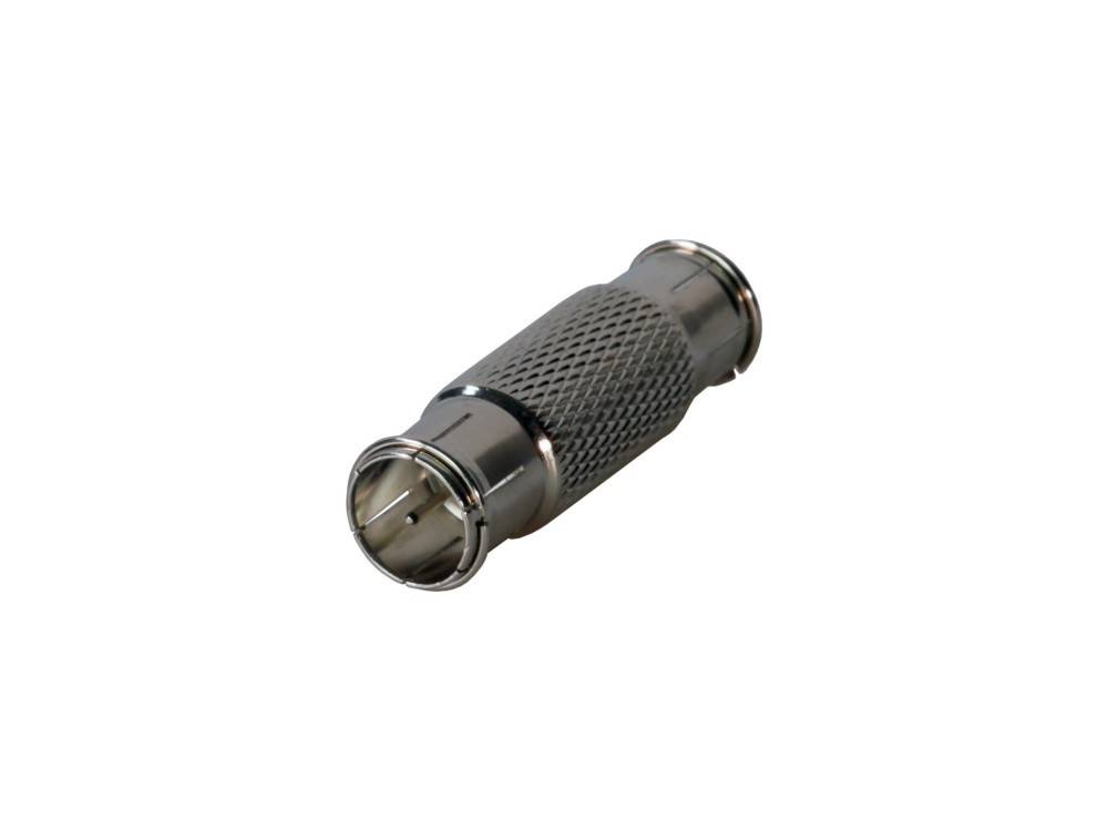 Silber-Koaxialkabelstecker mit strukturiertem Griff, isoliert auf weißem Hintergrund dargestellt.