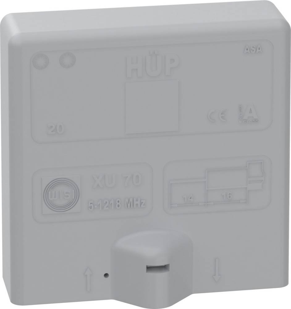 Grau HUP an der Wand montiertes Elektromodul mit beschrifteter Frontplatte und Steckeröffnung, shown against a white background.