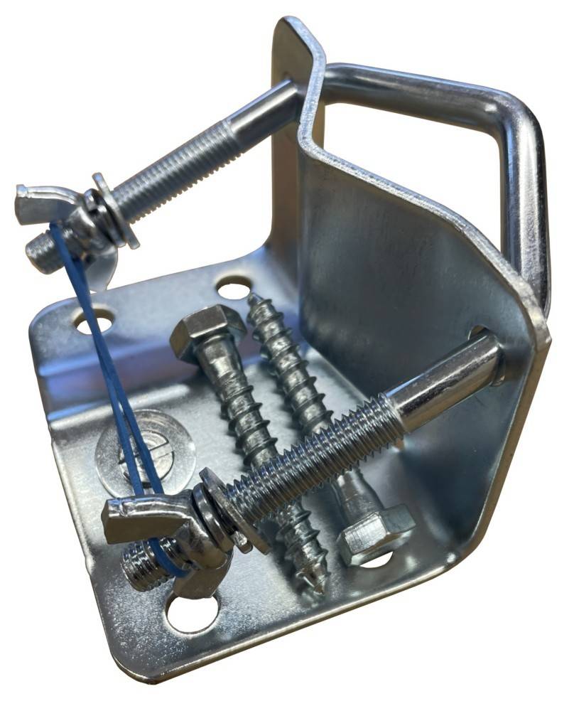 Metalleckenstrebe mit Griff und Schrauben, zeigt eine Hardware-Montageklammer auf weißem Hintergrund.