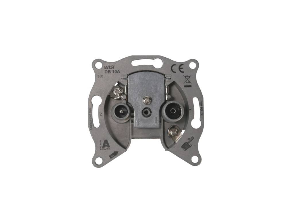 Rückansicht eines metallischen elektrischen Wandsteckdosenmechanismus mit Befestigungslöchern und Anschlussöffnungen.