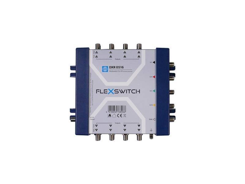 Frontansicht einer FLEXSWITCH DXR 0516-Signalschalterbox mit mehreren Koaxialanschlüssen auf Ober-, Unter- und Seitenseiten.