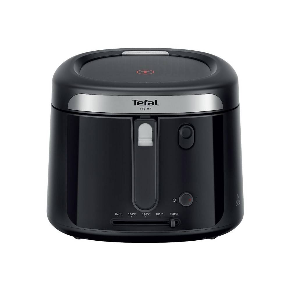 Schwarze Tefal Vision Fritteuse mit vorderer Temperaturregelung und Sichtfenster, dargestellt auf weißem Hintergrund.