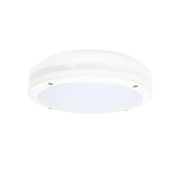 Runde weiße Deckenlampe mit Unterputzmontage, mattem Diffusor und kleinen sichtbaren Schrauben, auf neutralem weißem Hintergrund gezeigt.