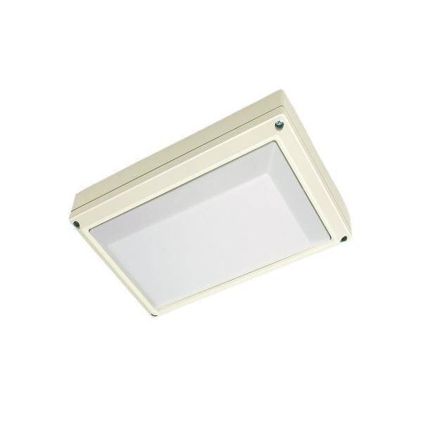 Ein quadratisches beiges Deckenleuchten-Gehäuse mit einem mattierten weißen Diffusor, dargestellt auf einem schlichten weißen Hintergrund.