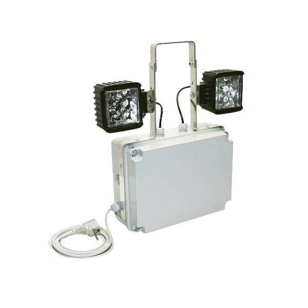 Tragbare Notlichteinheit mit zwei verstellbaren LED-Flutlichtern, Steuerbox und Stromkabel auf weißem Hintergrund