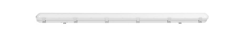 Eine lange, klare LED-Leuchte, horizontal auf weißem Hintergrund montiert.