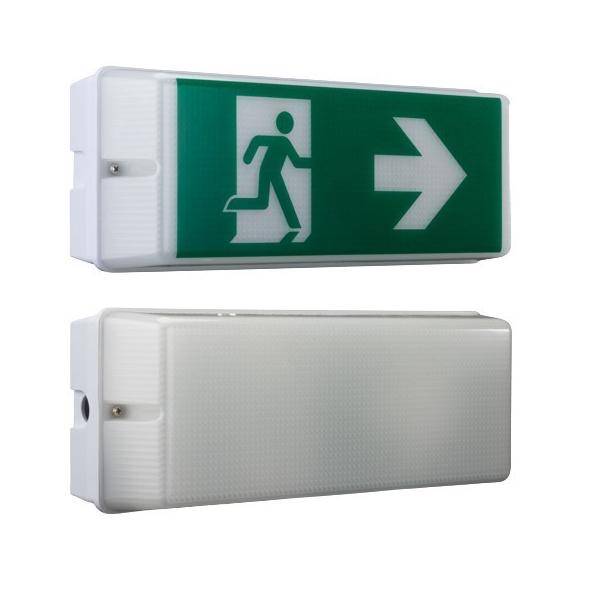 Wandmontiertes Notausgangsleuchten-Schild mit grüner laufender Figur und nach rechts zeigendem Pfeil, oben leuchtet und unten nicht leuchtend dargestellt.