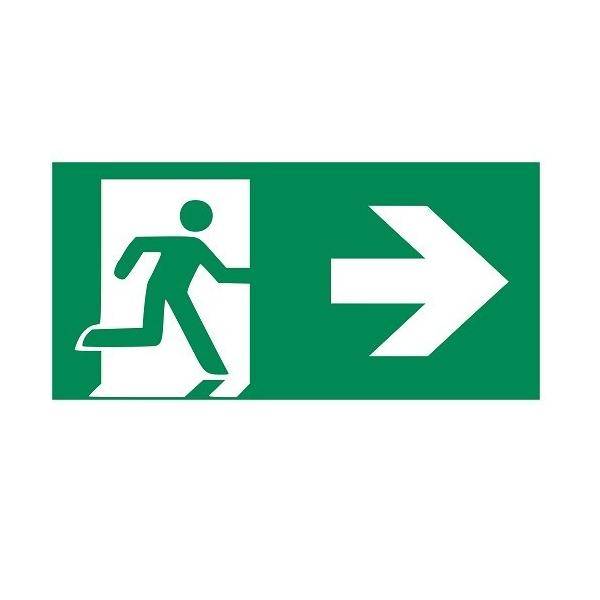 Grünes Notausgangschild mit laufender Figur und nach rechts zeigendem Pfeil, das die Evakuierungsroute nach rechts anzeigt.