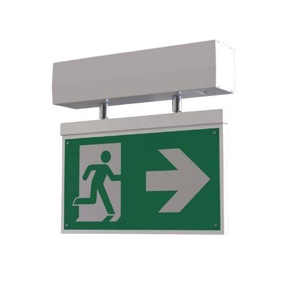 Grünes Notausgangsschild mit laufender Figur und nach rechts zeigendem Pfeil, der die Evakuierungsroute nach rechts anzeigt.