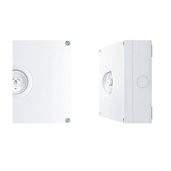 Weißes Unterputz-Wandschrank oder elektrisches Gehäuse, dargestellt in Front- und Seitenansicht, mit rundem Riegel und Metallschrauben.