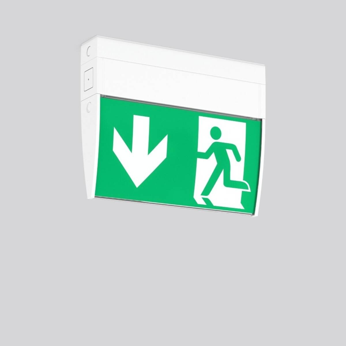 Beleuchtetes grünes Notausgangsschild mit Abwärtspfeil und Laufender-Person-Symbol, montiert auf einer weißen Wandhalterung.