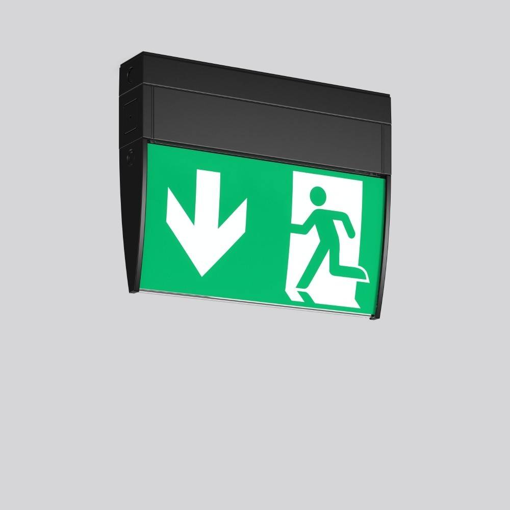 Beleuchtetes grünes Notausgangsschild mit einem nach unten weisenden Pfeil und einem Laufendes-Person-Symbol, das die Richtung zum Ausgang anzeigt.