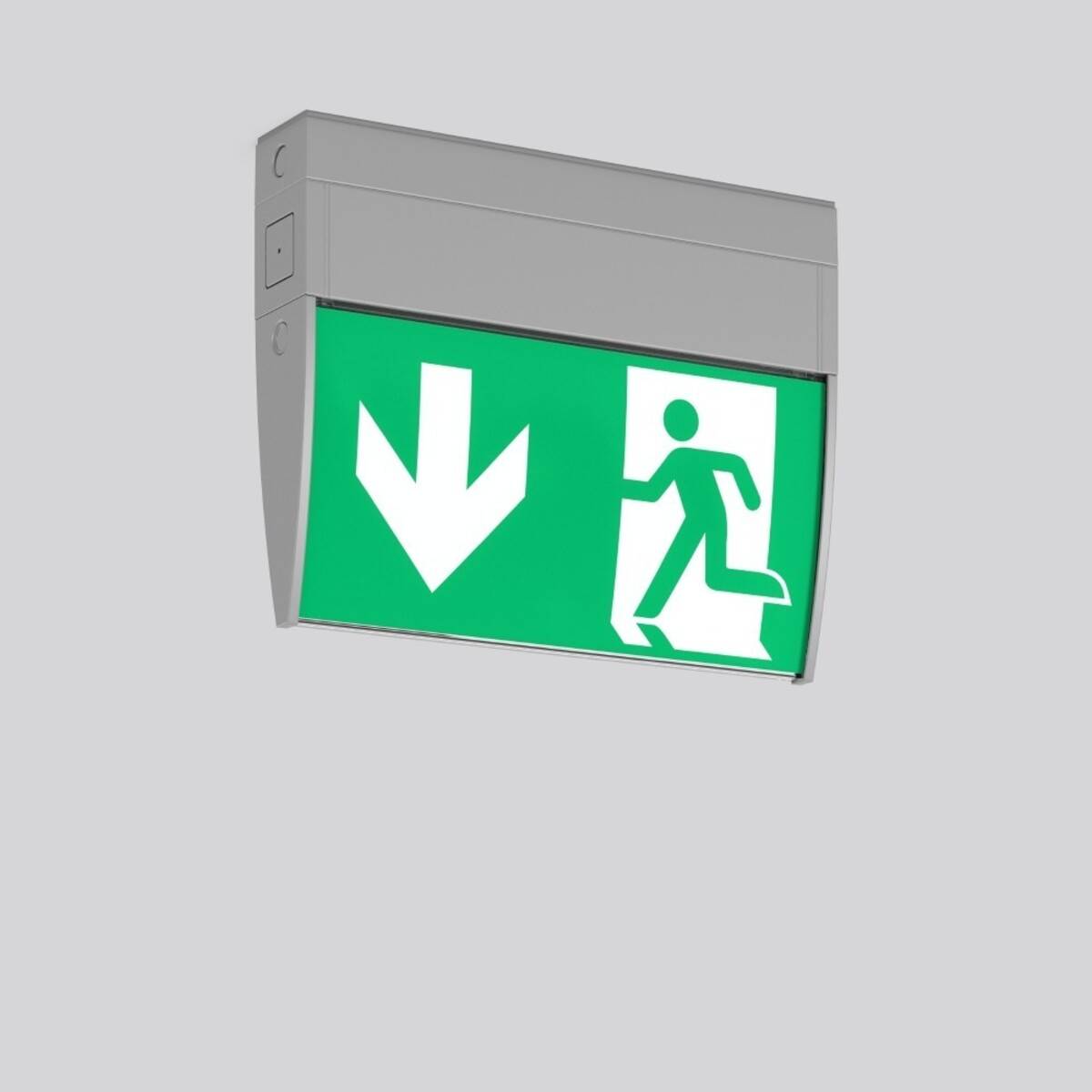 Beleuchtetes grünes Notausgangsschild mit weißem Abwärtspfeil und Laufsymbol einer Person.