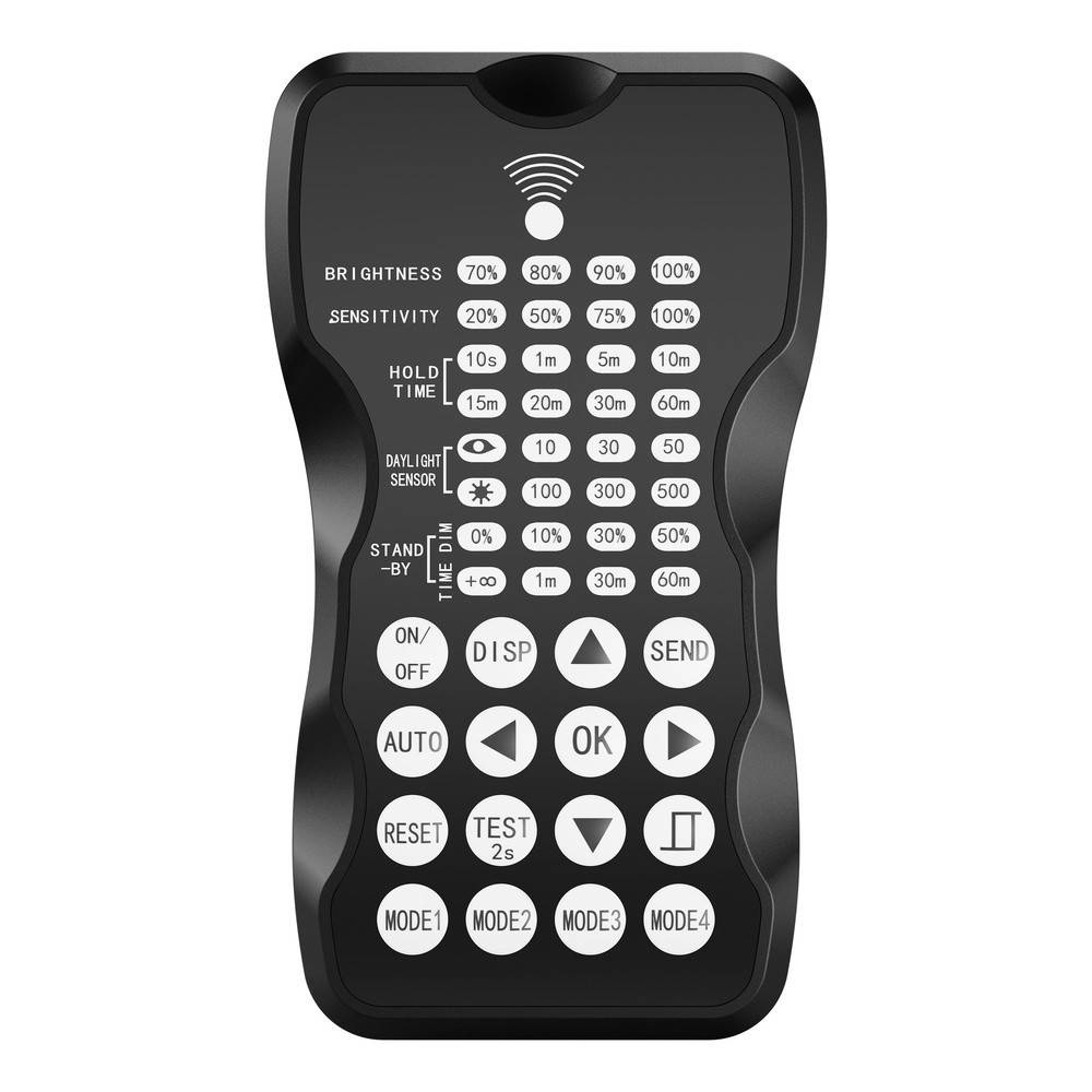 Schwarze kabellose Fernbedienung mit beschrifteten Tasten für Helligkeit, Empfindlichkeit, Haltezeit, Tageslicht-Sensor, Automatik, Zurücksetzen, Test, Modus und Navigationssteuerungen.