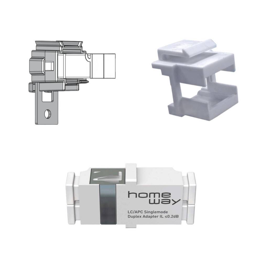 Abbildung eines LC/APC-Singlemode-Duplex-Faseroptik-Adapters, dargestellt als technische Zeichnung, 3D-Modell und Produktfoto mit der Bezeichnung „home way