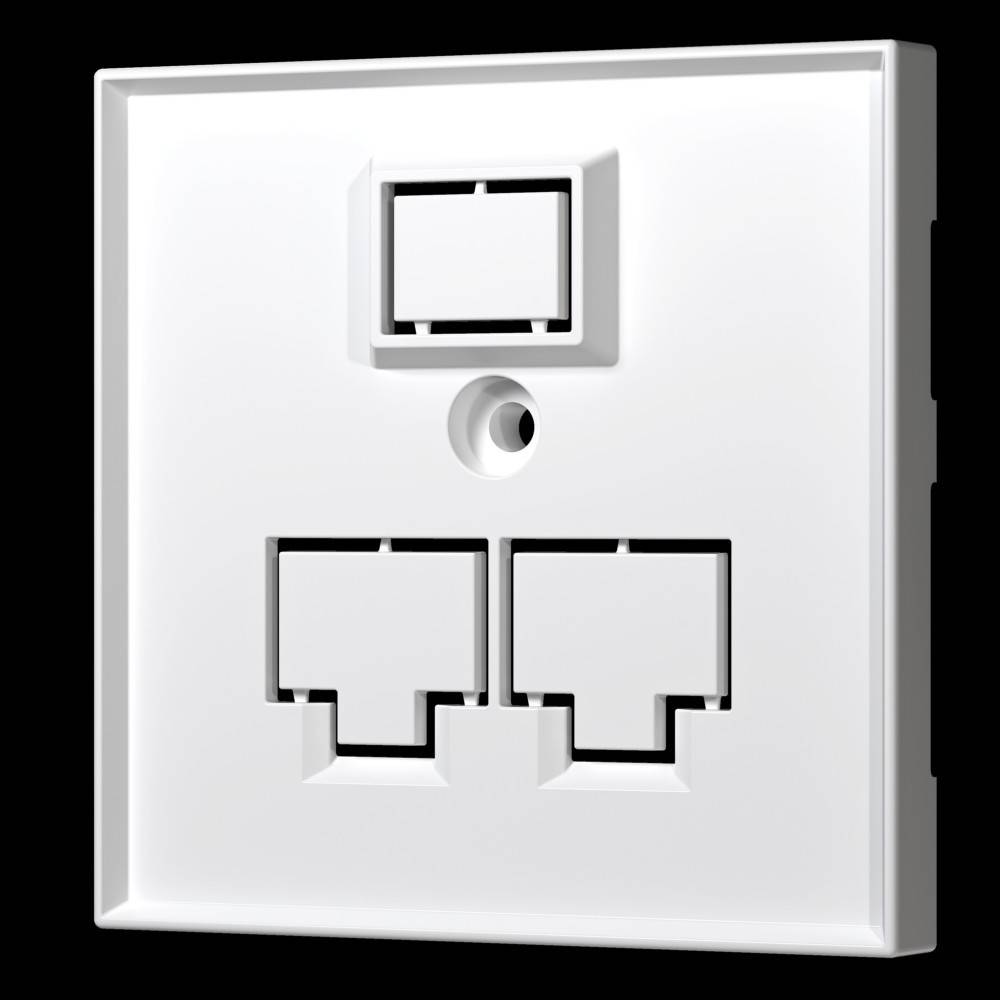 Weiße Wandplatte mit einer Telefonbuchse über zwei Ethernet-Anschlüssen und einem mittigen Schraubenloch.