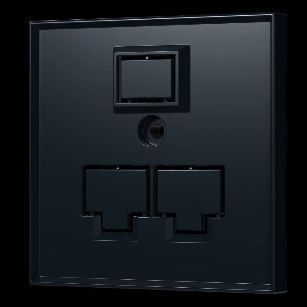 Wandmontierte schwarze Doppel-Netzwerkdose mit einem Port über zwei nebeneinander angeordneten Ethernet-Anschlüssen.