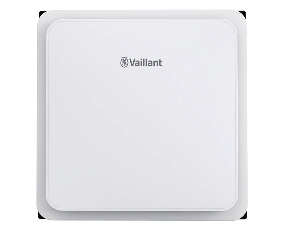 Weiße Vaillant-Wandheizgeräte oder Heizanlage von vorne dargestellt, mit dem Vaillant-Logo in der Mitte oben zentriert.