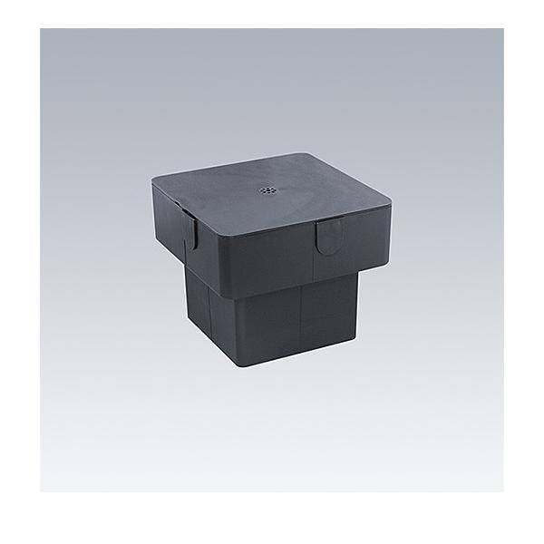 Schwarze quadratische Kunststoff-Aufbewahrungsbox mit passendem Deckel, auf einem schlichten, hellen Hintergrund gezeigt.