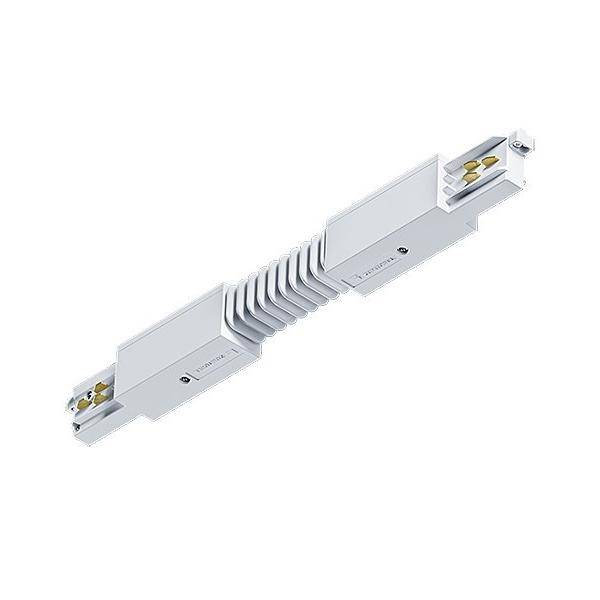 Flexibler weißer elektrischer Sammelschienen-Stecker mit gerippter Mitte und Metallendanschlüssen, gezeigt auf einfachem weißen Hintergrund.