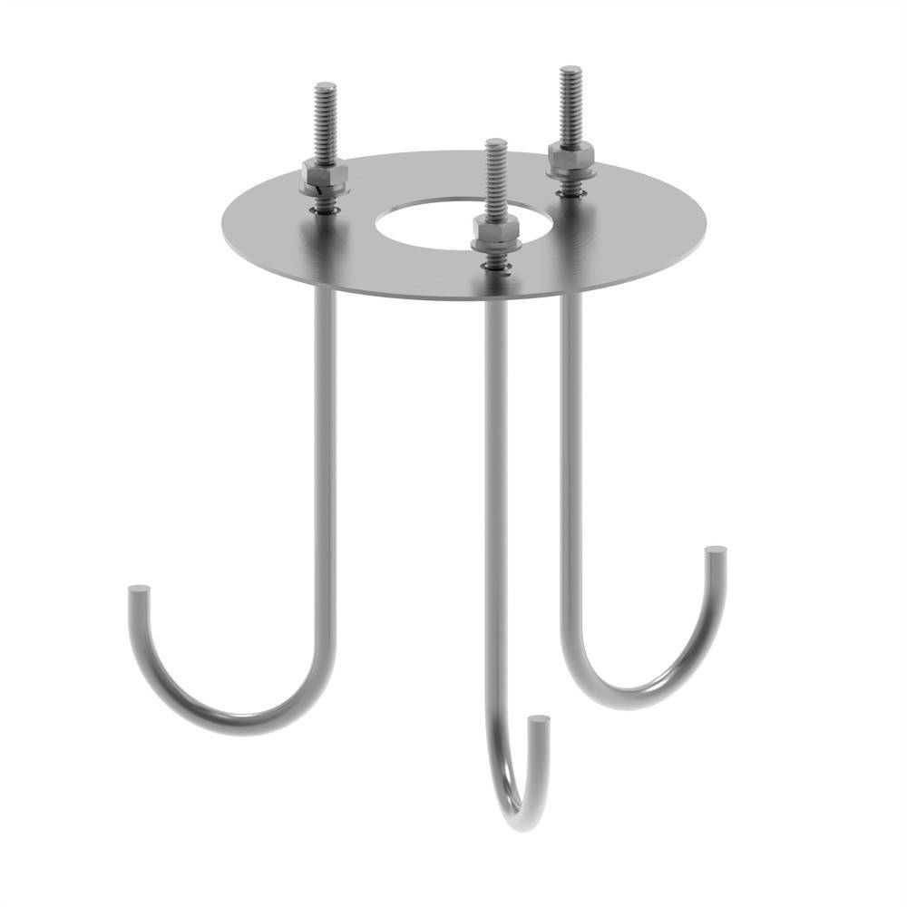 Metallischer, an der Decke befestigter 3-Haken-Aufhänger mit runder Platte und drei gekrümmten Haken, dargestellt vor weißem Hintergrund.