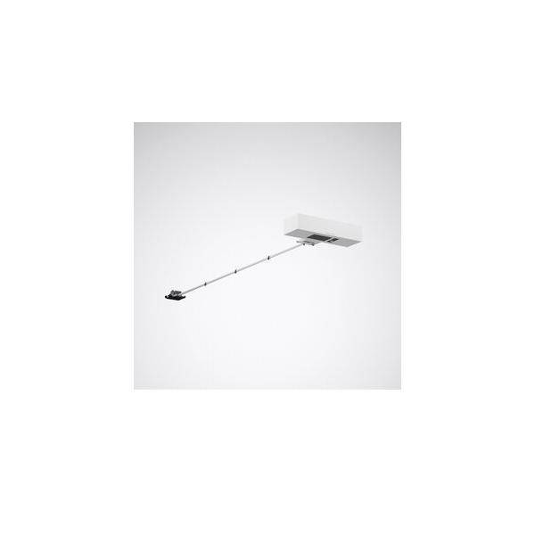Minimalistische Produktabbildung eines weißen rechteckigen Geräts mit einem langen dünnen Arm oder Kabel, das sich zu einem kleinen schwarzen Endstück auf einem einfachen weißen Hintergrund erstreckt.