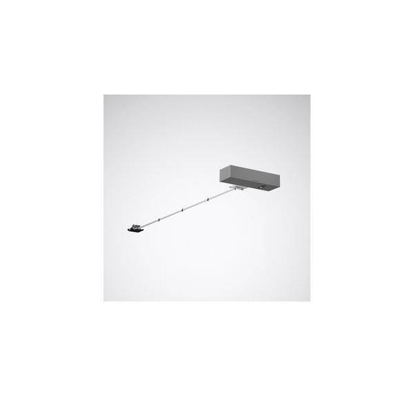 Minimalistische Produktabbildung eines grauen rechteckigen an der Decke angebrachten Geräts mit einem langen geneigten Arm, der sich zu einer kleinen schwarzen Komponente erstreckt.