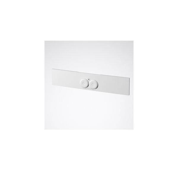 Weißes minimalistisches rechteckiges Wandpaneel mit zwei zentrierten kreisförmigen Knöpfen auf einfachem weißem Hintergrund.