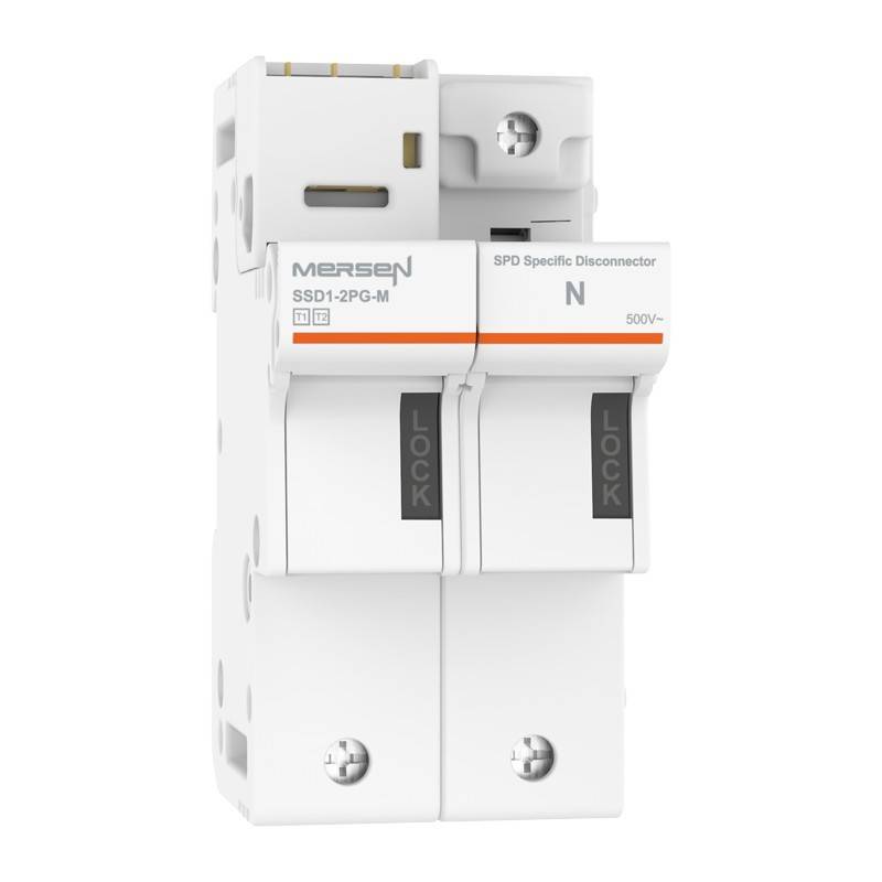 Weiße Mersen SSD1-2PG-M SPD-spezifische Trennvorrichtung, zweipoliges Gerät N 500V mit orangefarbigem Streifen und LOCK-Hebeln.