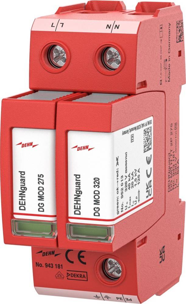Rotes DIN-Schienen-Überspannungsschutzmodul mit zwei DEHNguard-Schutzpatronen mit den Bezeichnungen DG MOD 275 und DG MOD 320, mit Anschlussmarkierungen L/7 und N/N.