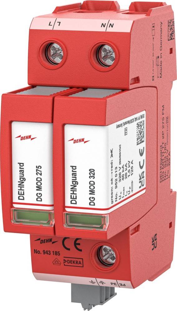 Rotes DEHNguard-Überspannungsschutzgerät mit zwei DIN-Schienen-Modulen mit der Bezeichnung 