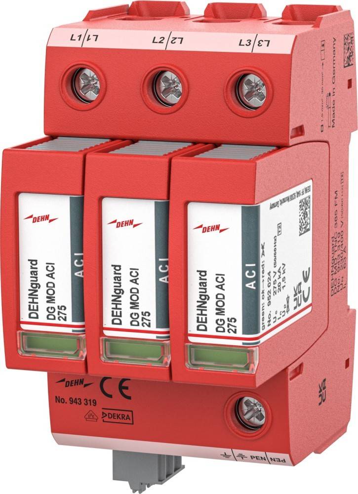 Rotes DEHNguard DG MOD AC Überspannungsschutzgerät mit drei gekennzeichneten Modulen und Anschllussklemmen, dargestellt in der Produktansicht auf weißem Hintergrund.