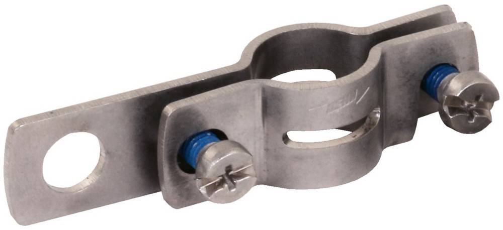 Metallrohrschelle mit zwei Schrauben und einem großen Montageloch, zum Befestigen eines Rohrs oder einer Leitung.