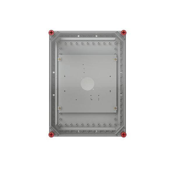 Graues rechteckiges Elektroschrank-Panel mit Befestigungslöchern und roten Eckbefestigungen, Vorderansicht auf weißem Hintergrund.