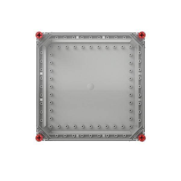 Quadratisches graues Metallpaneel mit vielen kleinen Befestigungslöchern und vier roten Eckbefestigungen, dargestellt auf weißem Hintergrund.