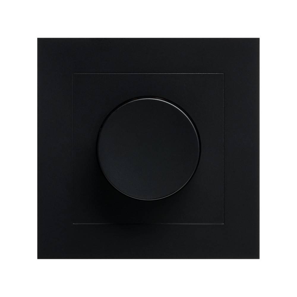 Schwarze quadratische Wandschalterblende mit großem zentriertem kreisförmigem Dimmerschieber.