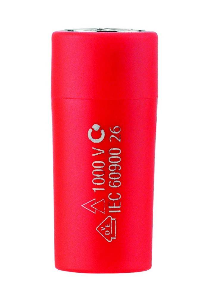 Rote zylindrische Batteriezelle mit der Beschriftung 