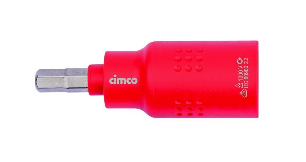 Rot isolierter Cimco-Schraubendrehergriff mit flachem Metallbit, auf weißem Hintergrund dargestellt.